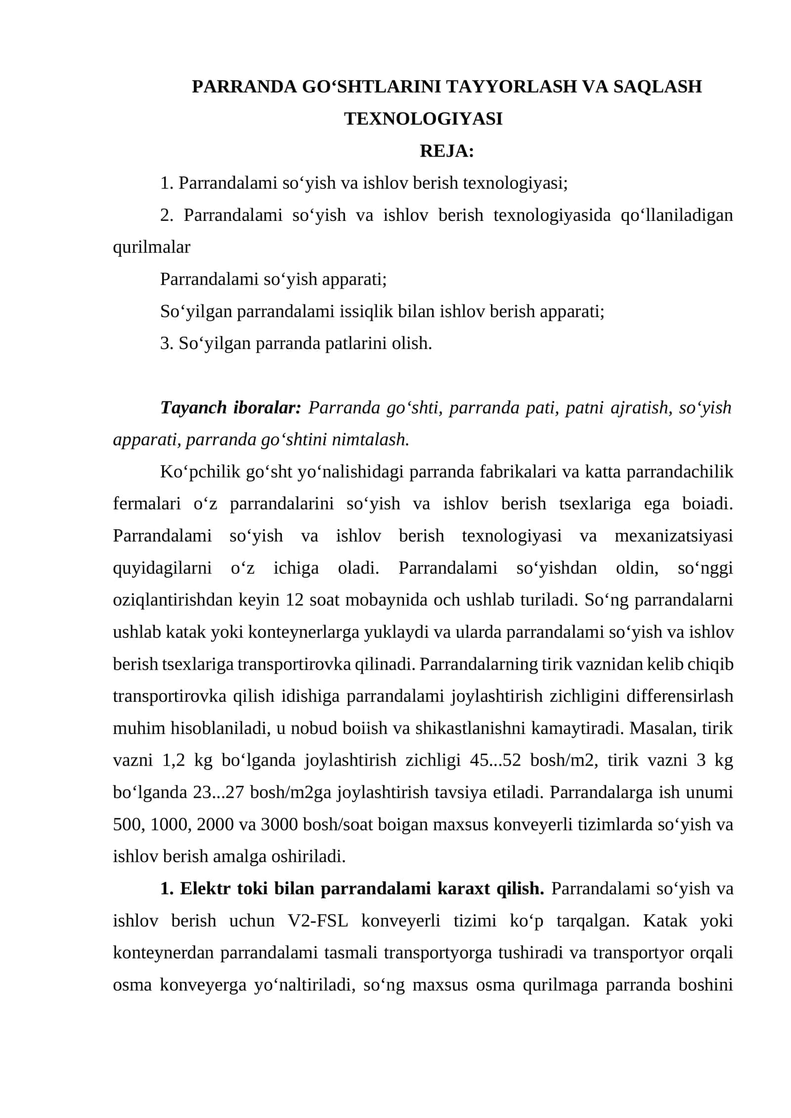 PARRANDA GO‘SHTLARINI TAYYORLASH VA SAQLASH TEXNOLOGIYASI