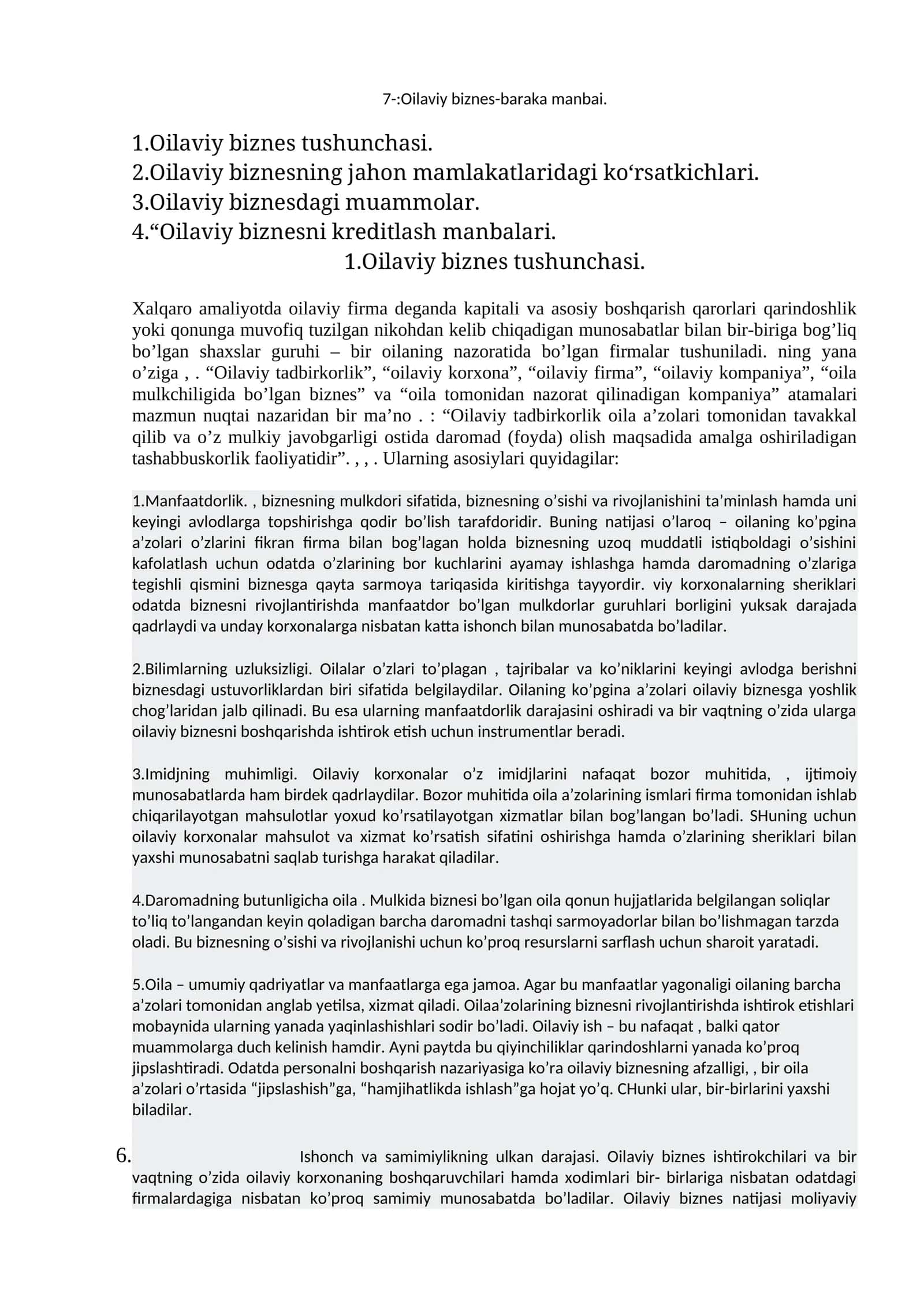 Oilaviy biznes-baraka manbai