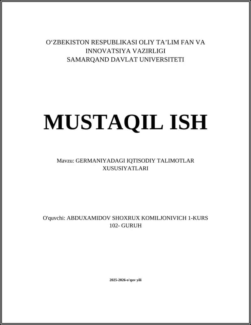 GERMANIYADAGI IQTISODIY TALIMOTLAR XUSUSIYATLARI