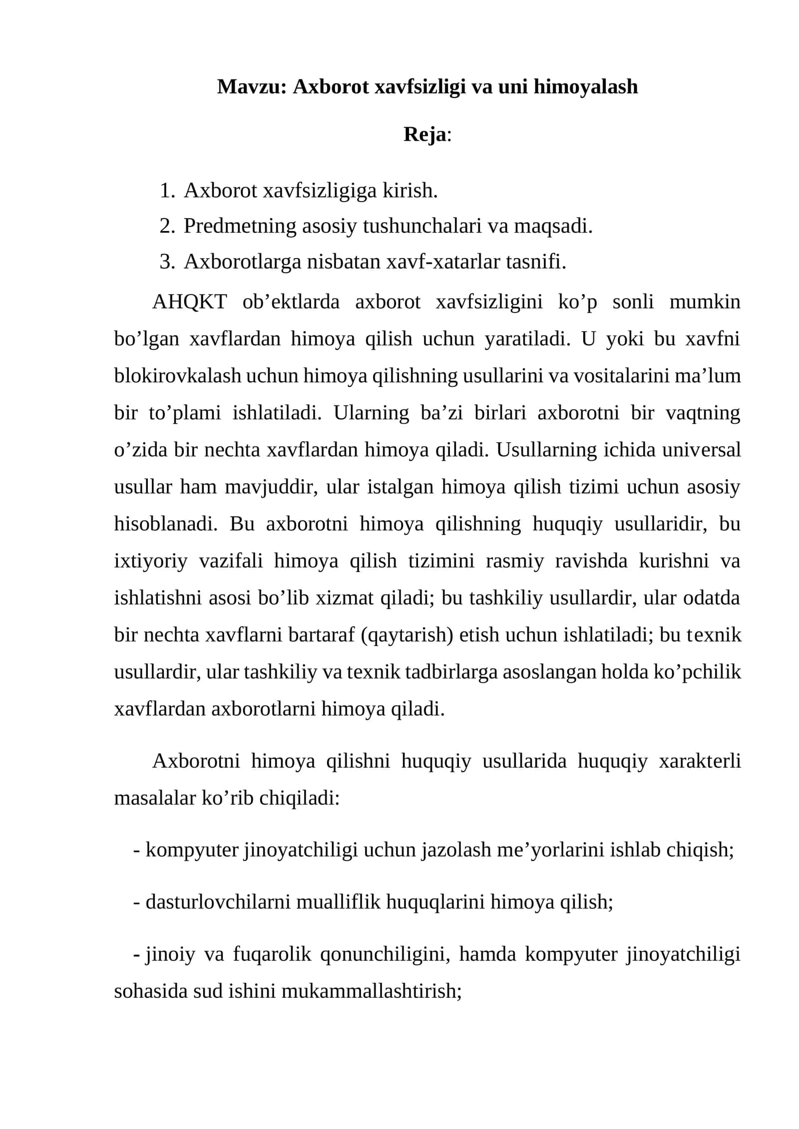 Axborot xavfsizligi va uni himoyalash