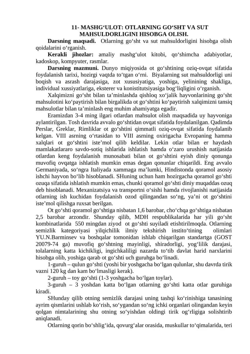 Otlarning go'sht va sut mahsuldorligini hisobga olgan mashg'ulot