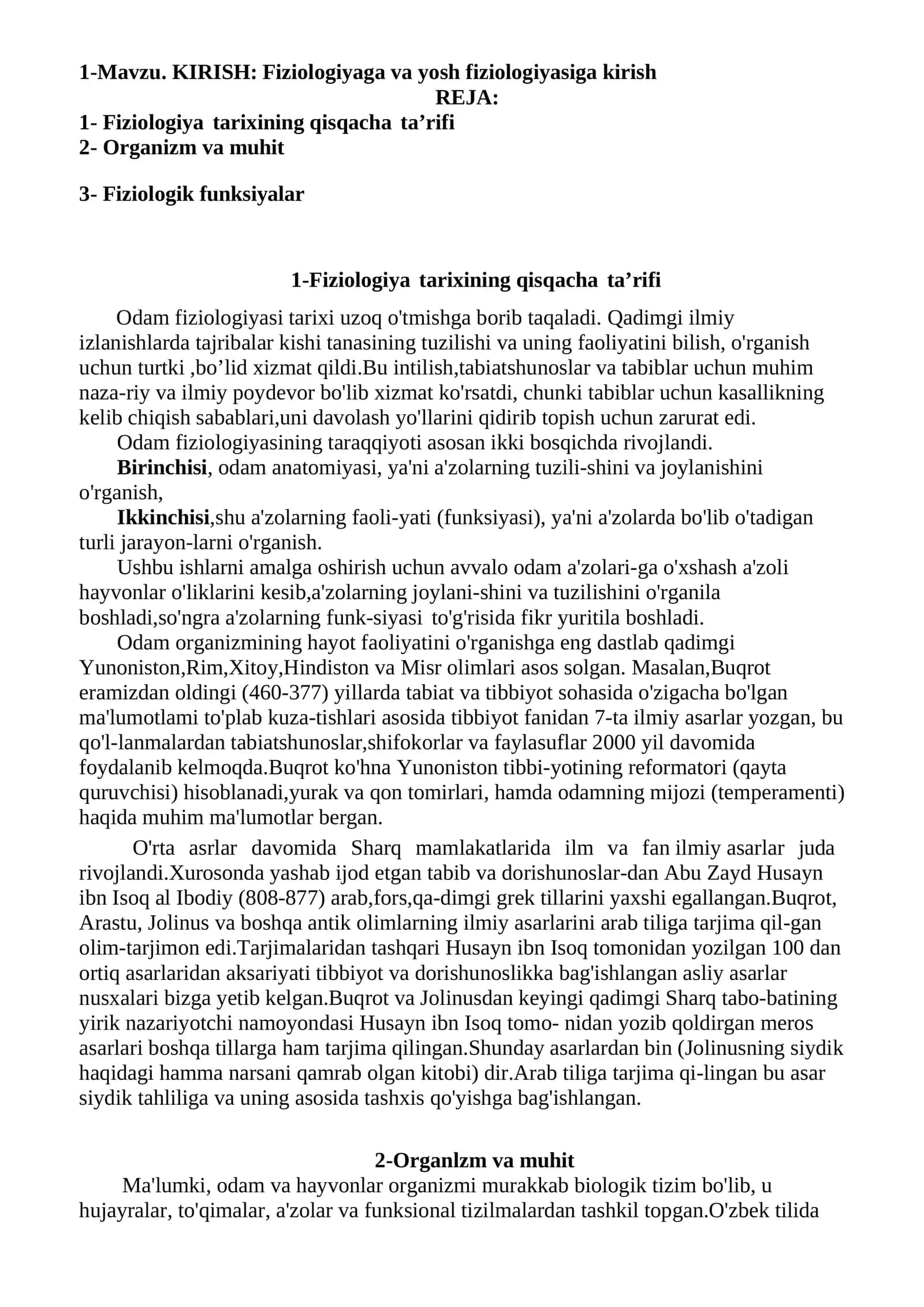 Fiziologiyaga va yosh fiziologiyasiga kirish
