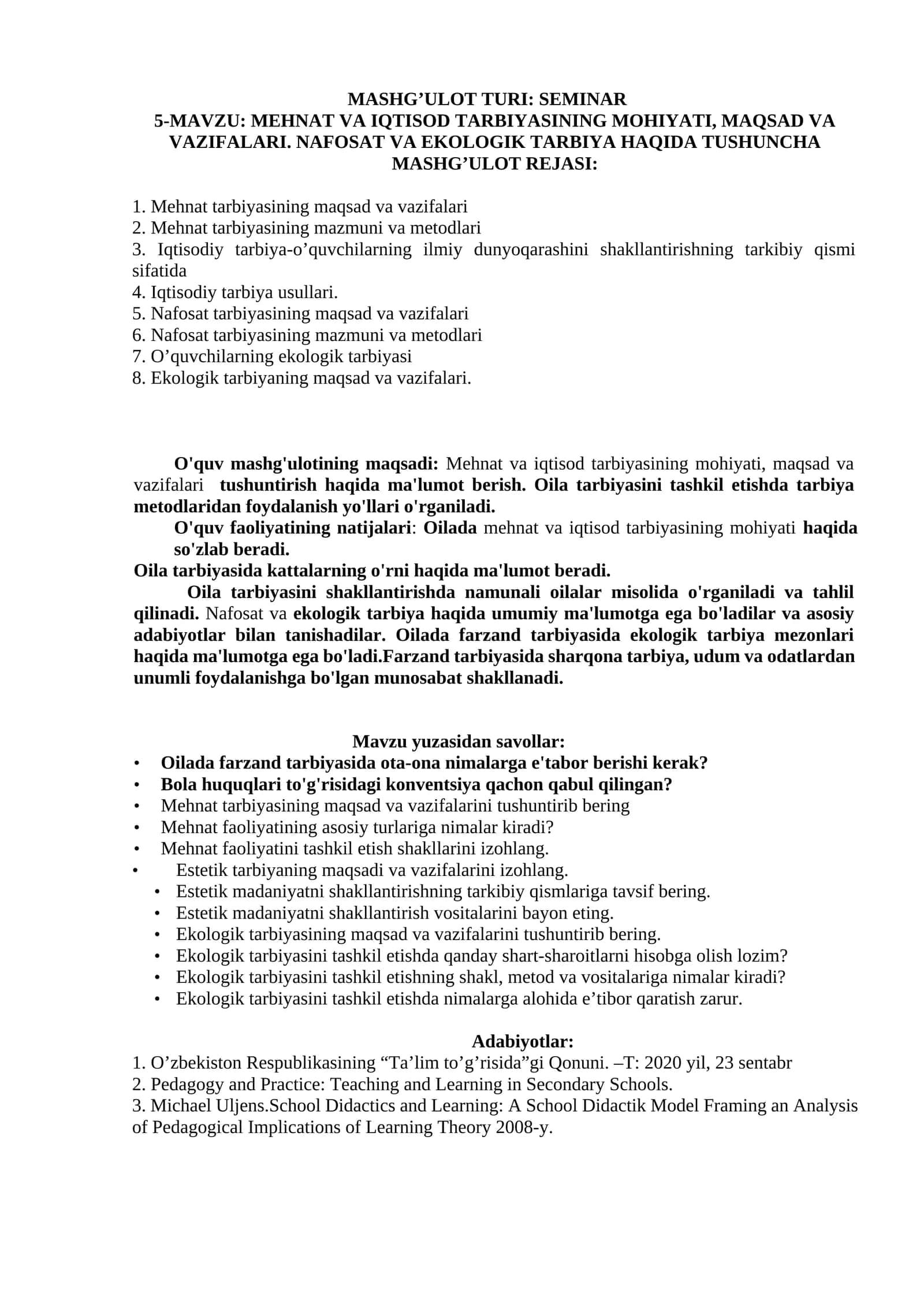 MEHNAT VA IQTISOD TARBIYASINING MOHIYATI, MAQSAD VA VAZIFALARI. NAFOSAT VA EKOLOGIK TARBIYA HAQIDA TUSHUNCHA