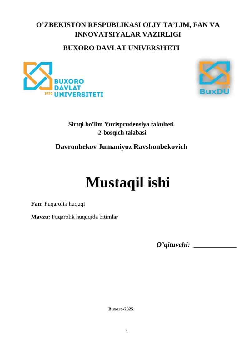 fuqarolik huquqida bitimlar mustaqil ish