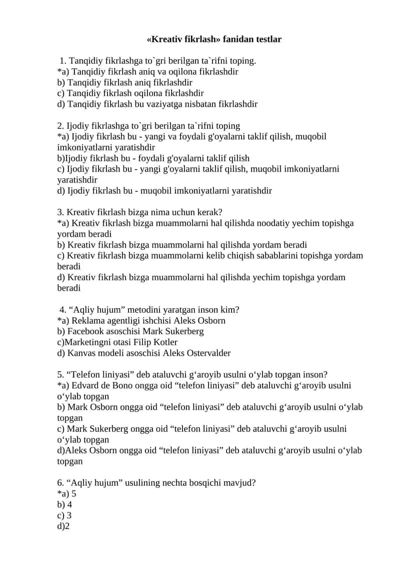 Kreativ fikrlash fanidan testlar