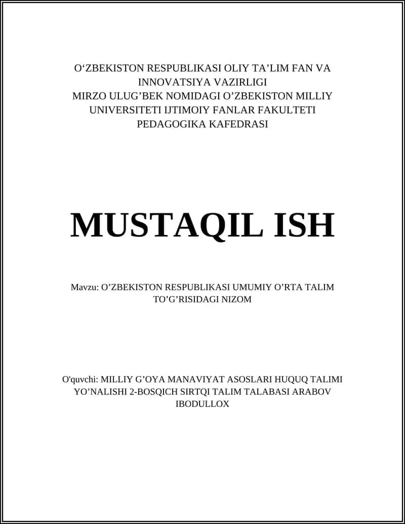 O'ZBEKISTON RESPUBLIKASI UMUMIY O’RTA TALIM TO’G’RISIDAGI NIZOM