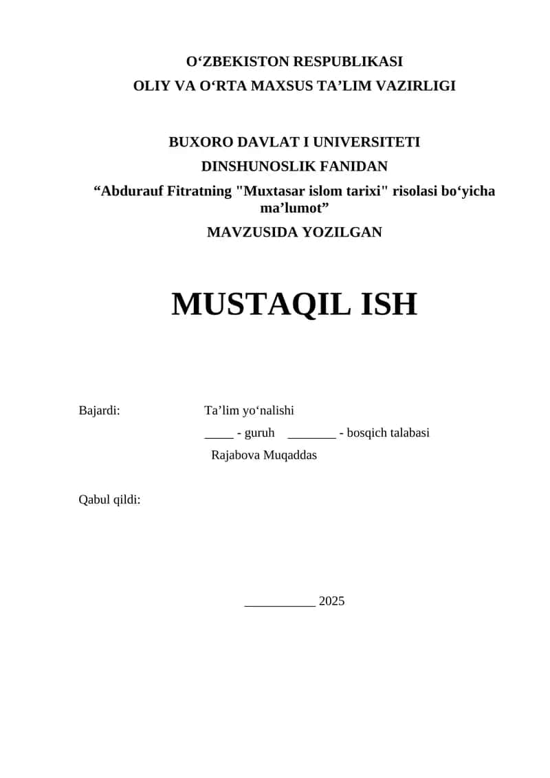 "Abdurauf Fitratning 'Muxtasar islom tarixi' risolasi boʻyicha maʼlumot"