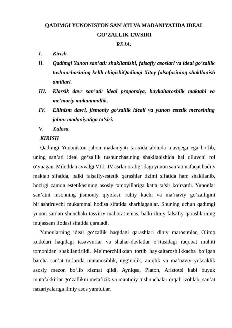 QADIMGI YUNONISTON SAN’ATI VA MADANIYATIDA IDEAL GO‘ZALLIK TAVSIRI