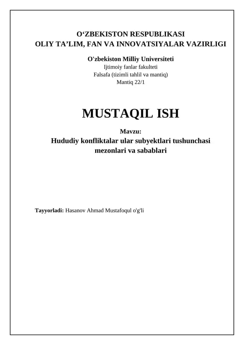 Hududiy konfliktalar ular subyektlari tushunchasi mezonlari va sabablari