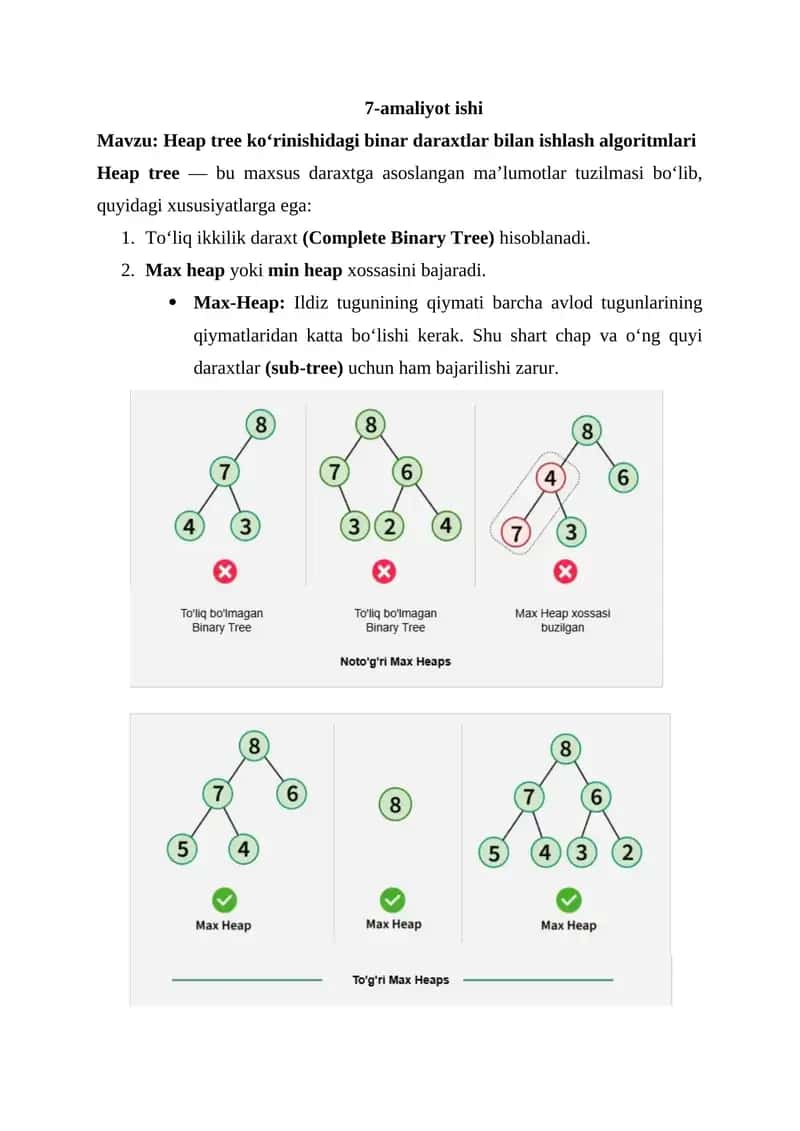 Heap tree ko‘rinishidagi binar daraxtlar bilan ishlash algoritmlari