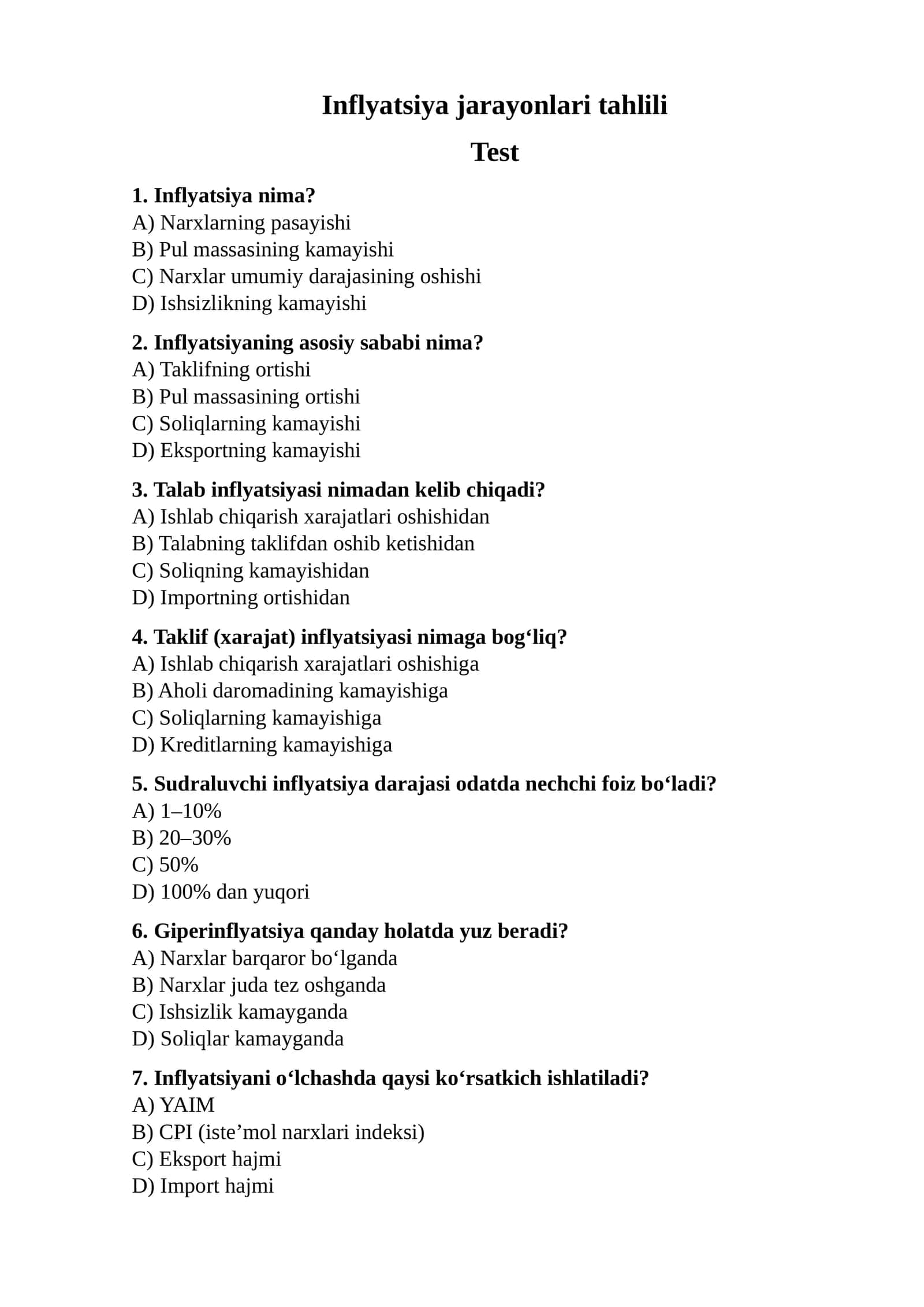 Inflyatsiya jarayonlari tahlili