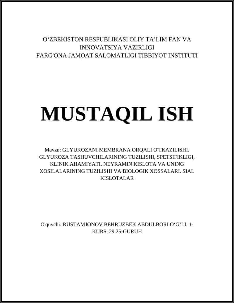 GLYUKOZANI MEMBRANA ORQALI O'TKAZILISHI