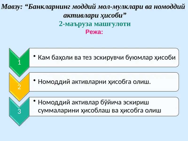 Банкларнинг моддий мол-мулклари ва номоддий активлари ҳисоби 2 q