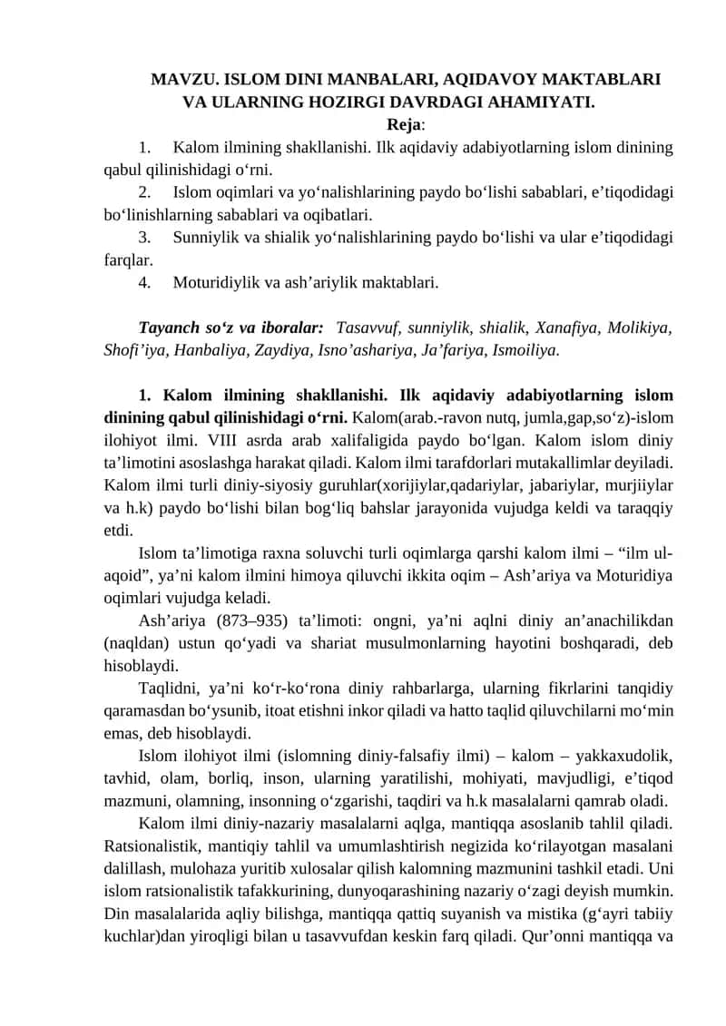 Islom dinining Aqidaviy Maʼrifatlari