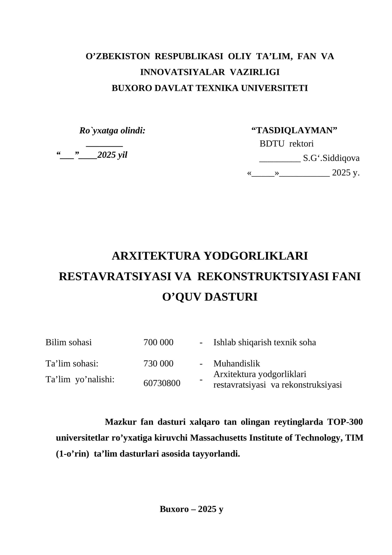ARXITEKTURA YODGORLIKLARI RESTAVRATSIYASI VA REKONSTRUKTSIYASI FANI O’QUV DASTURI