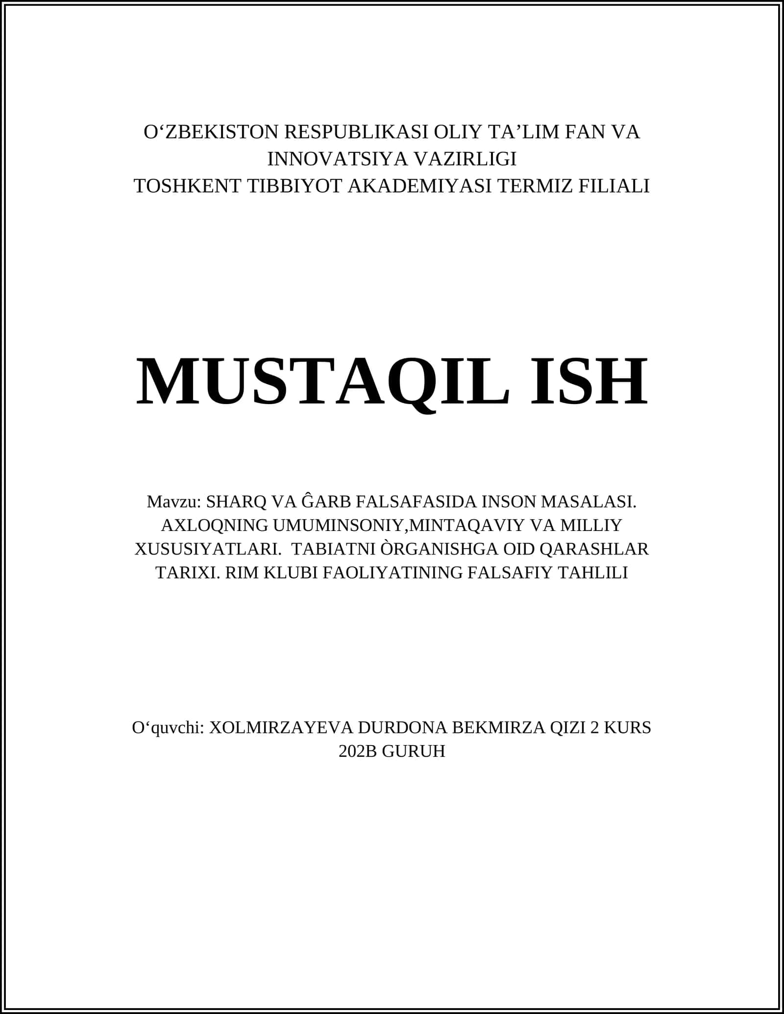 SHARQ VA ĜARB FALSAFASIDA INSON MASALASI