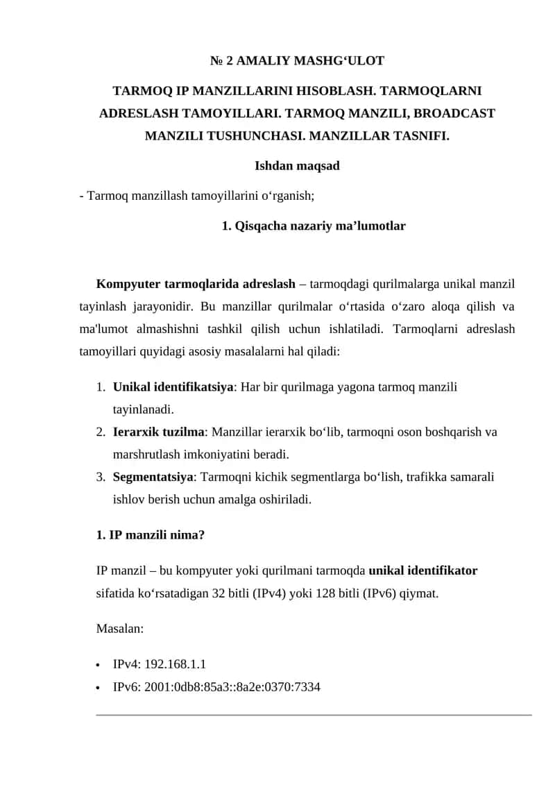 TARMOQ IP MANZILLARINI HISOBLASH. TARMOQLARNI ADRESLASH TAMOYILLARI. TARMOQ MANZILI, BROADCAST MANZILI TUSHUNCHASI. MANZILLAR TASNIFI.