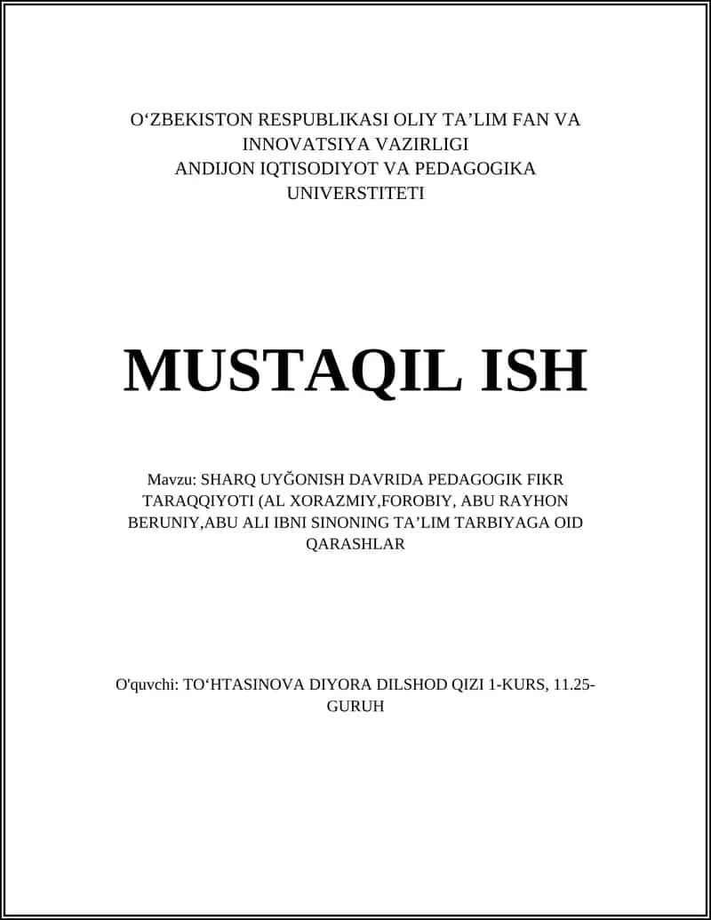SHARQ UYĞONISH DAVRIDA PEDAGOGIK FIKR TARAQQIYOTI