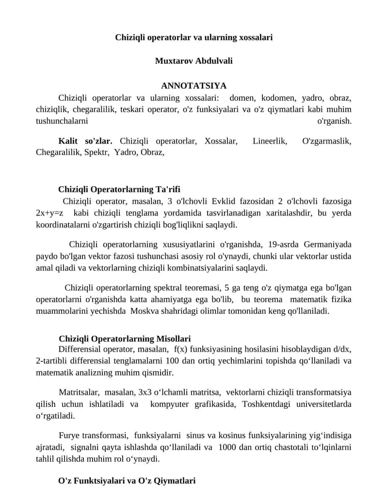 Chiziqli operatorlar va ularning xossalari
