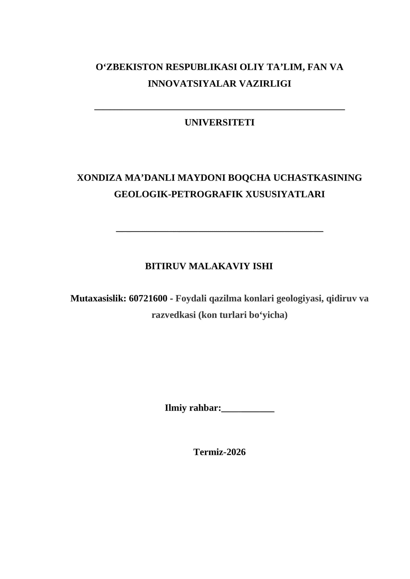 Xondiza ma’danli maydoni boqcha uchastkasinign geologik-petrografik xususiyatlari