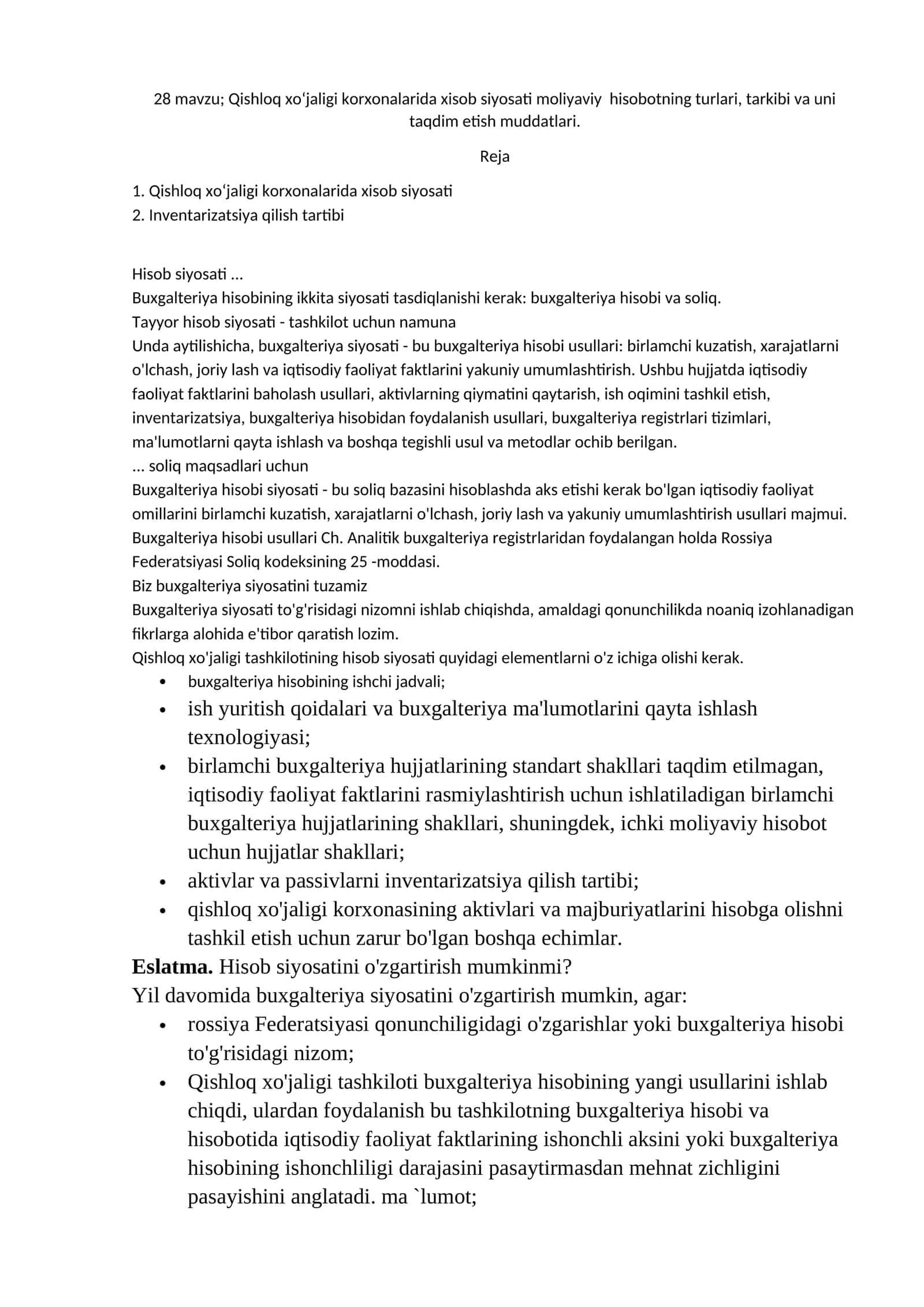 Qishloq xo‘jaligi korxonalarida xisob siyosati moliyaviy hisobotning turlari, tarkibi va uni taqdim etish muddatlari