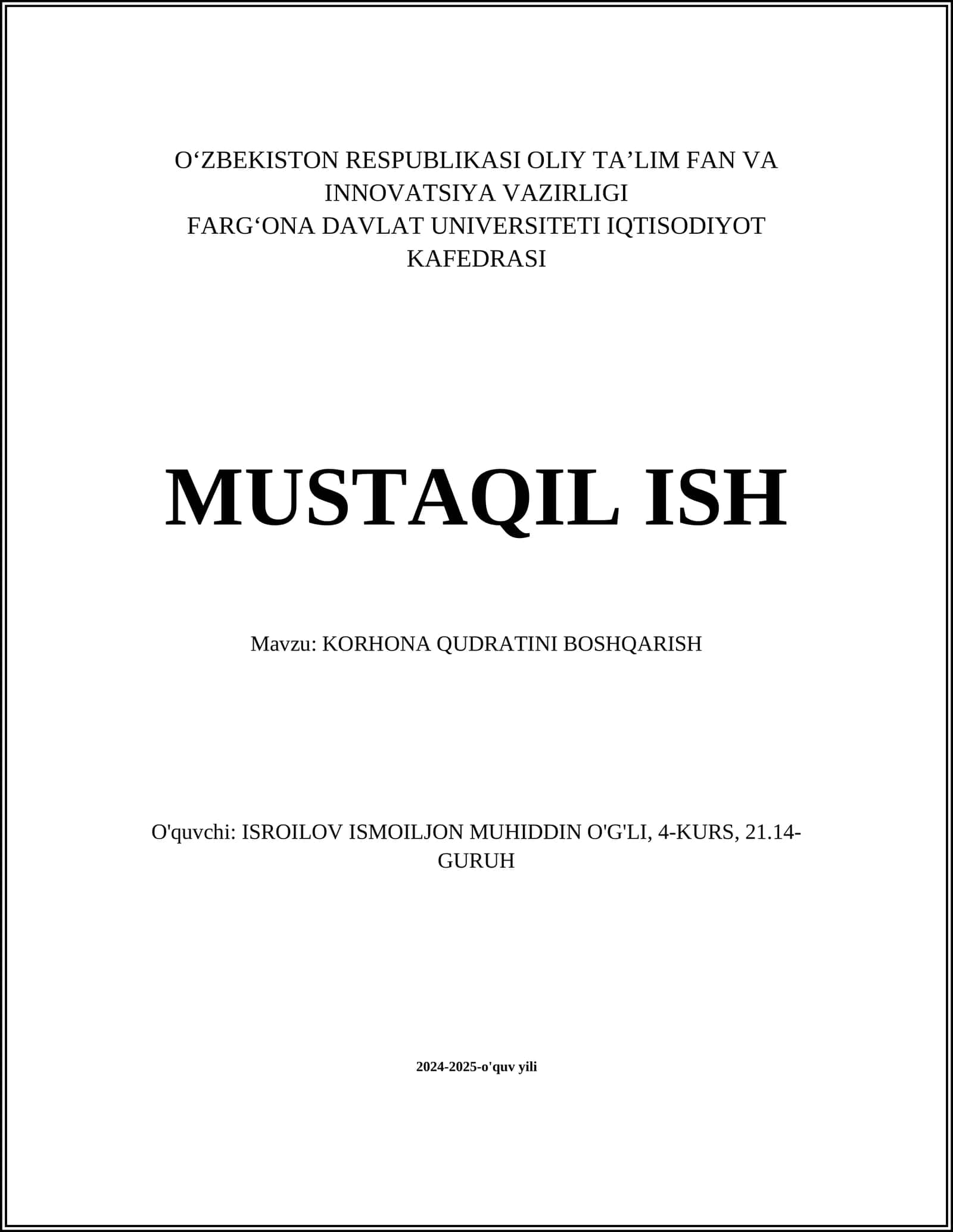 KORHONA QUDRATINI BOSHQARISH
