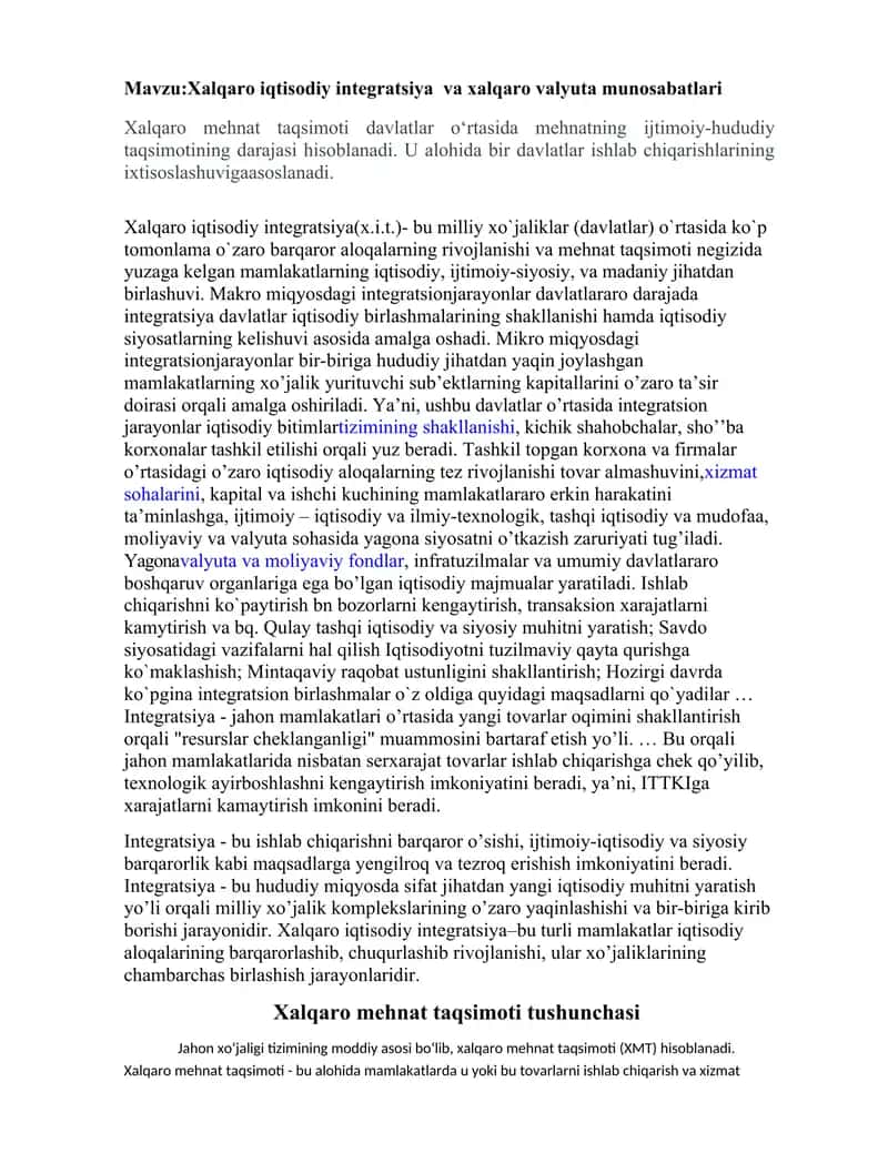 Xalqaro iqtisodiy integratsiya va xalqaro valyuta munosabatlari