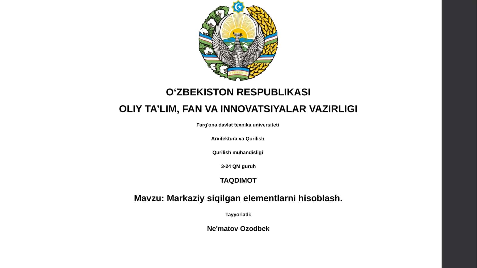 Markaziy siqilgan elementlarni hisoblash
