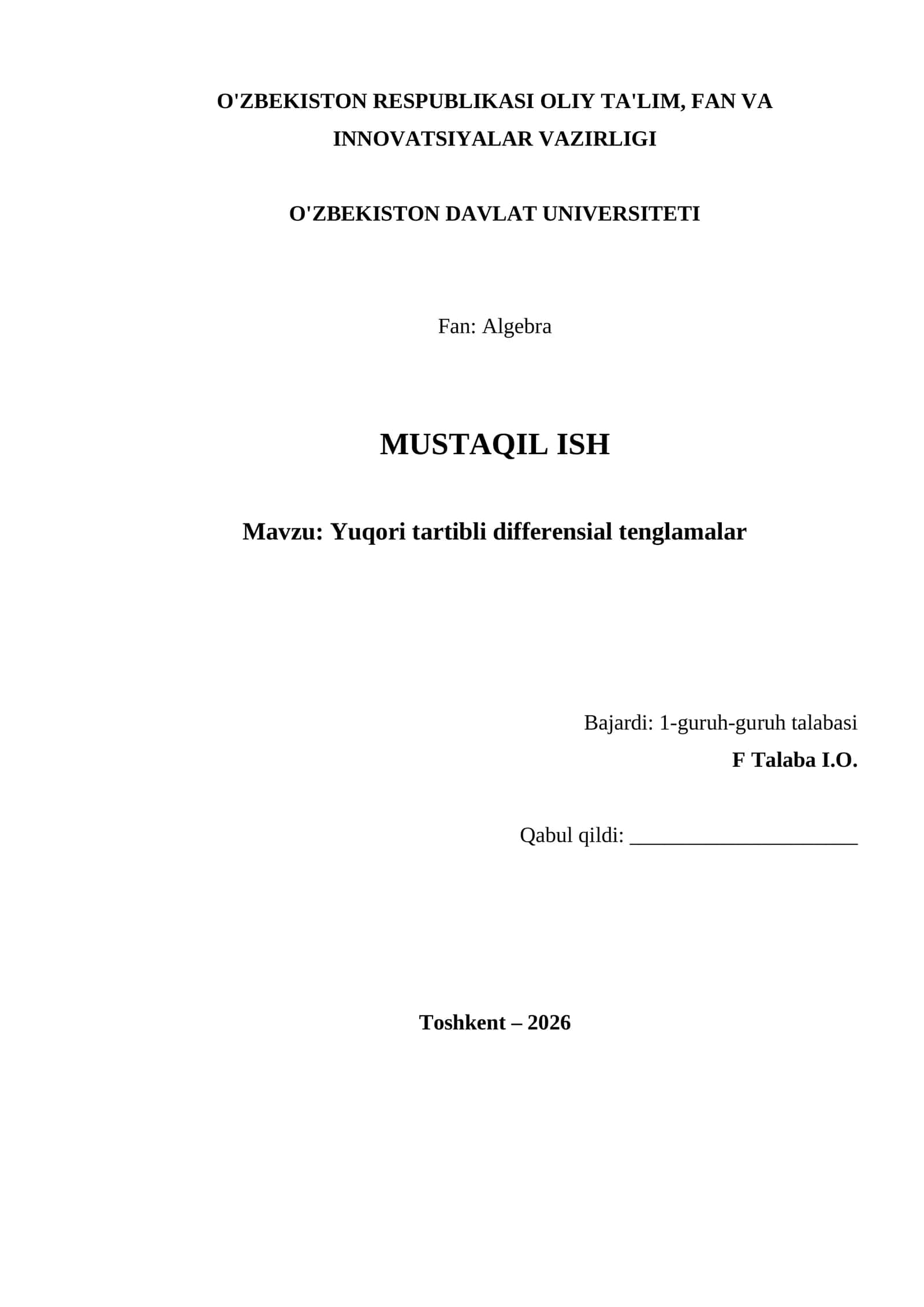 Yuqori tartibli differensial tenglamalar