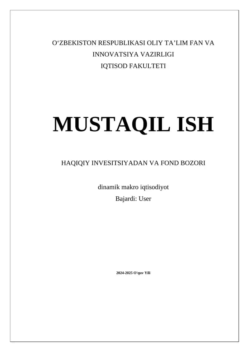 Haqiqiy Invesitsiya va Fond Bozori