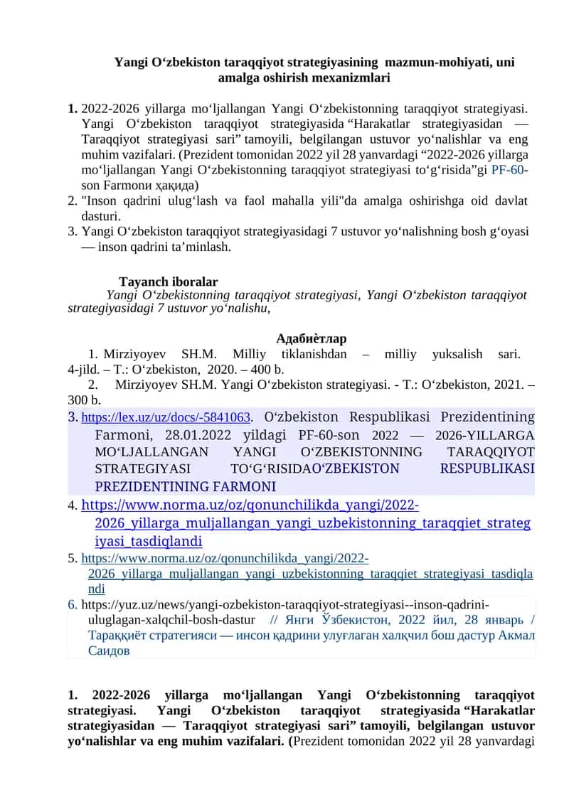 Yangi O‘zbekiston taraqqiyot strategiyasining mazmun-mohiyati, uni amalga oshirish mexanizmlari