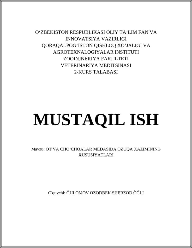 OT VA CHOʻCHQALAR MEDASIDA OZUQA XAZIMINING XUSUSIYATLARI
