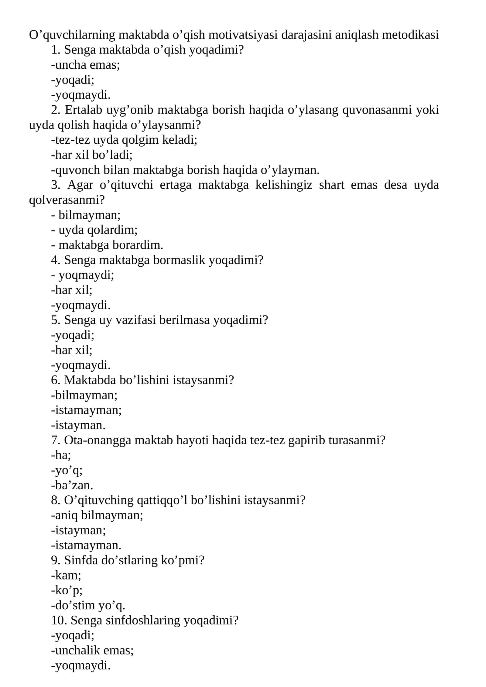O’quvchilarning maktabda o’qish motivatsiyasi darajasini aniqlash metodikasi