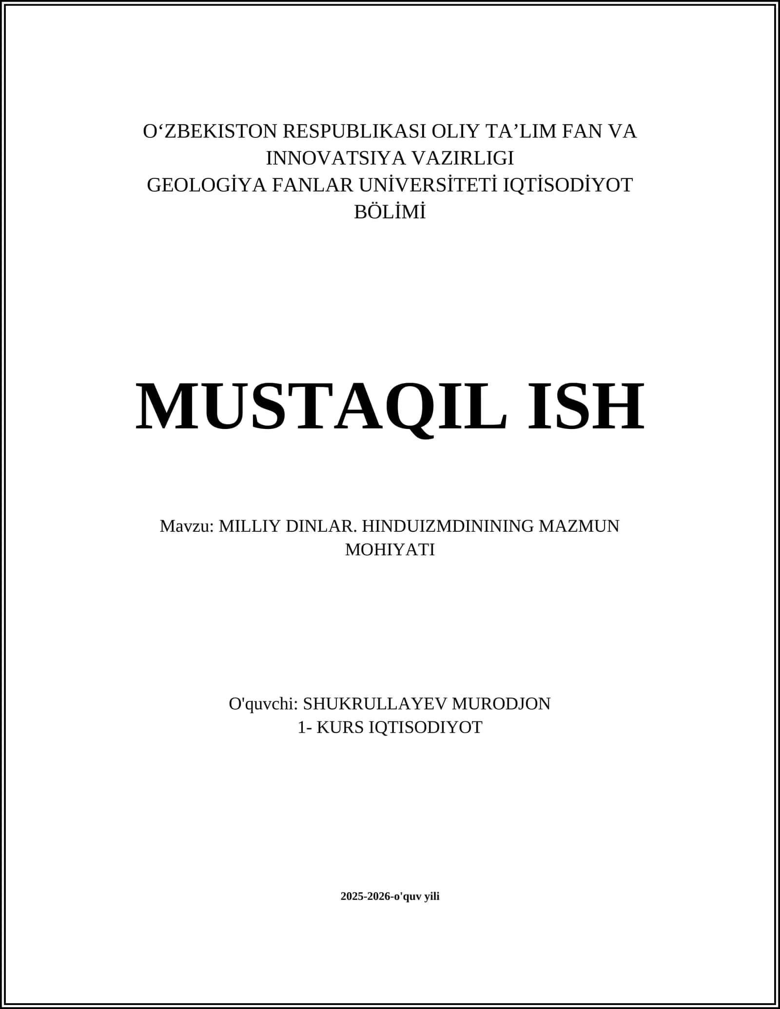 MILLIY DINLAR. HINDUIZMDINING MAZMUN MOHIYATI