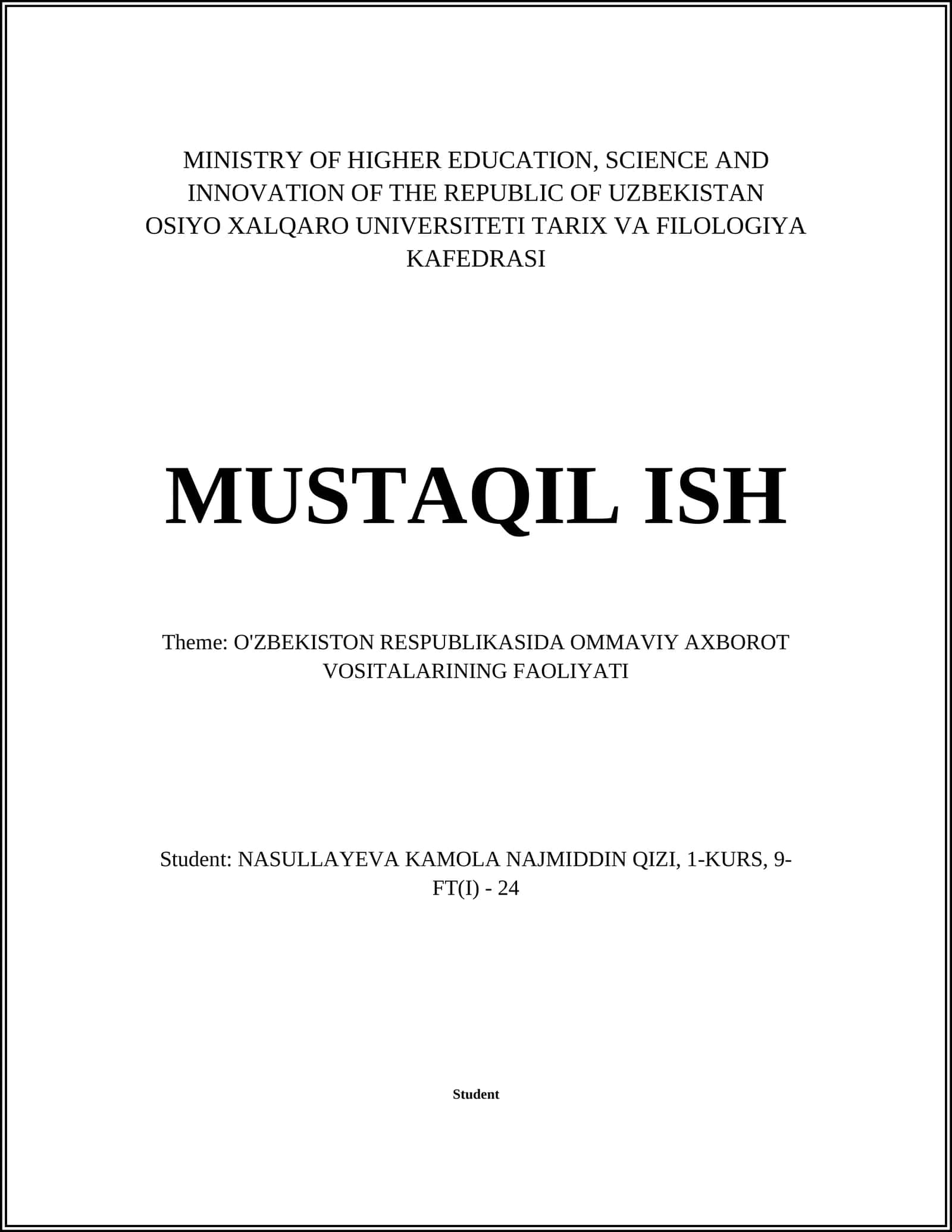 O'ZBEKISTON RESPUBLIKASIDA OMMAVIY AXBOROT VOSITALARINING FAOLIYATI