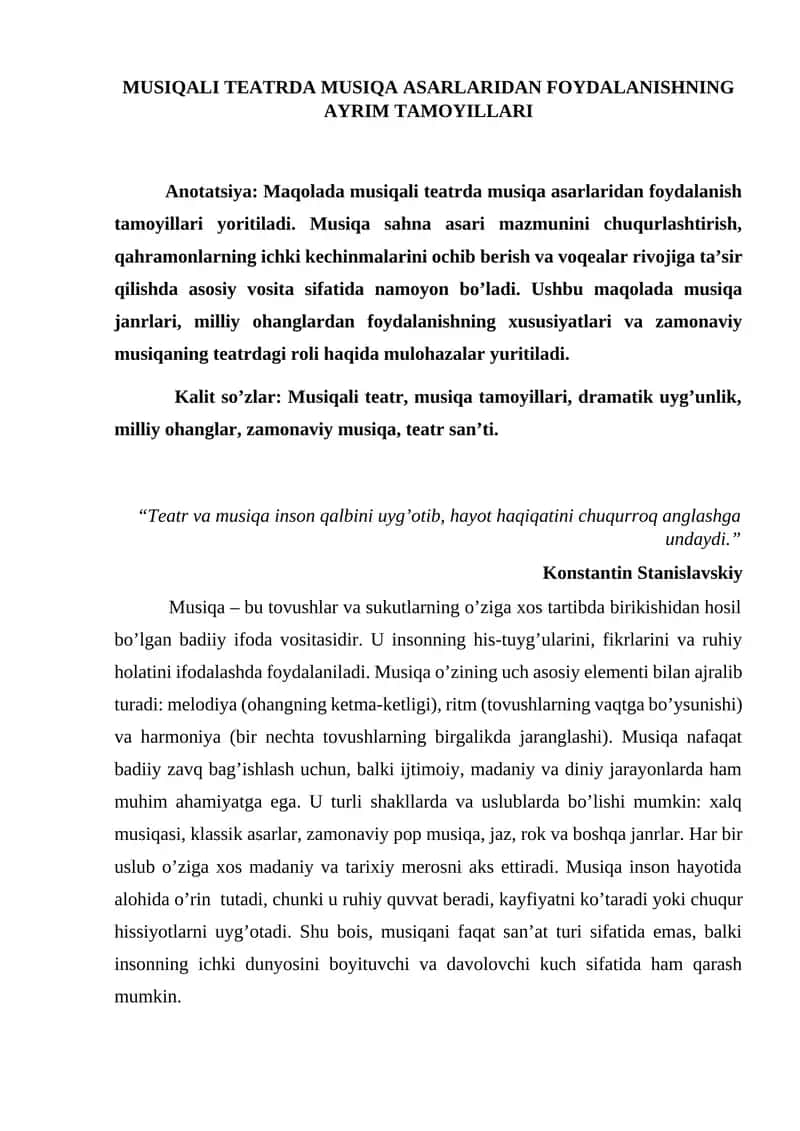 MUSIQALI TEATRDA MUSIQA ASARLARIDAN FOYDALANISHNING AYRIM TAMOYILLARI