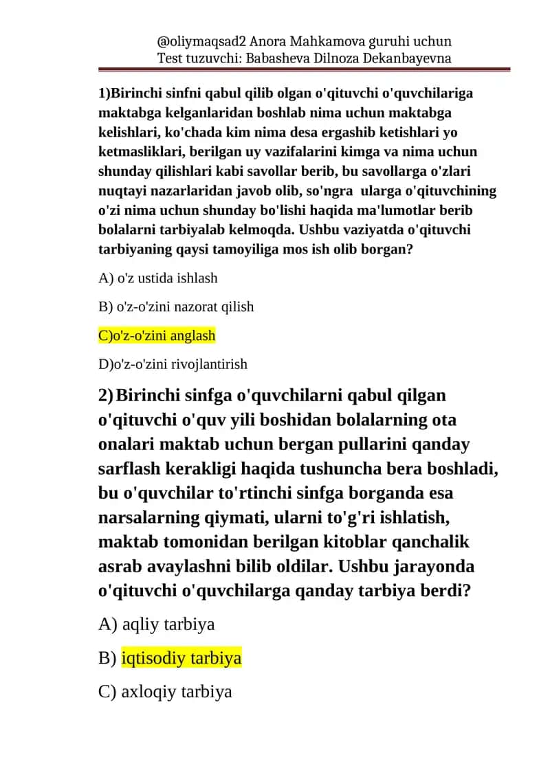 Test tuzuvchi Anora Mahkamova guruhi uchun
