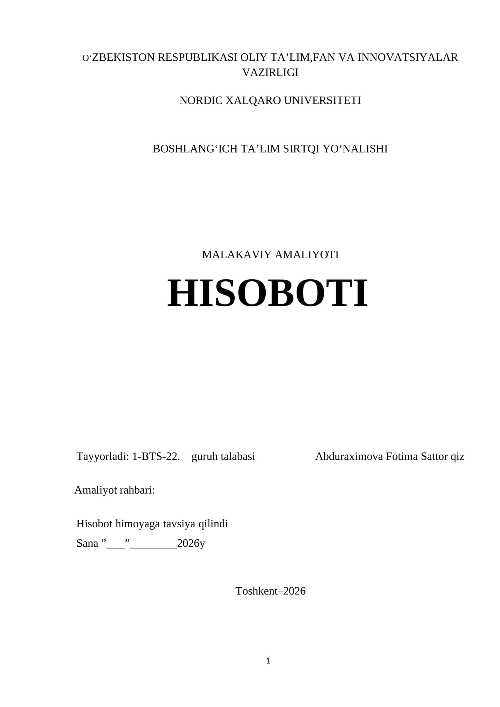 MALAKAVIY AMALIYOT HISOBOTI. Boshlangʻich sinf boʻyicha