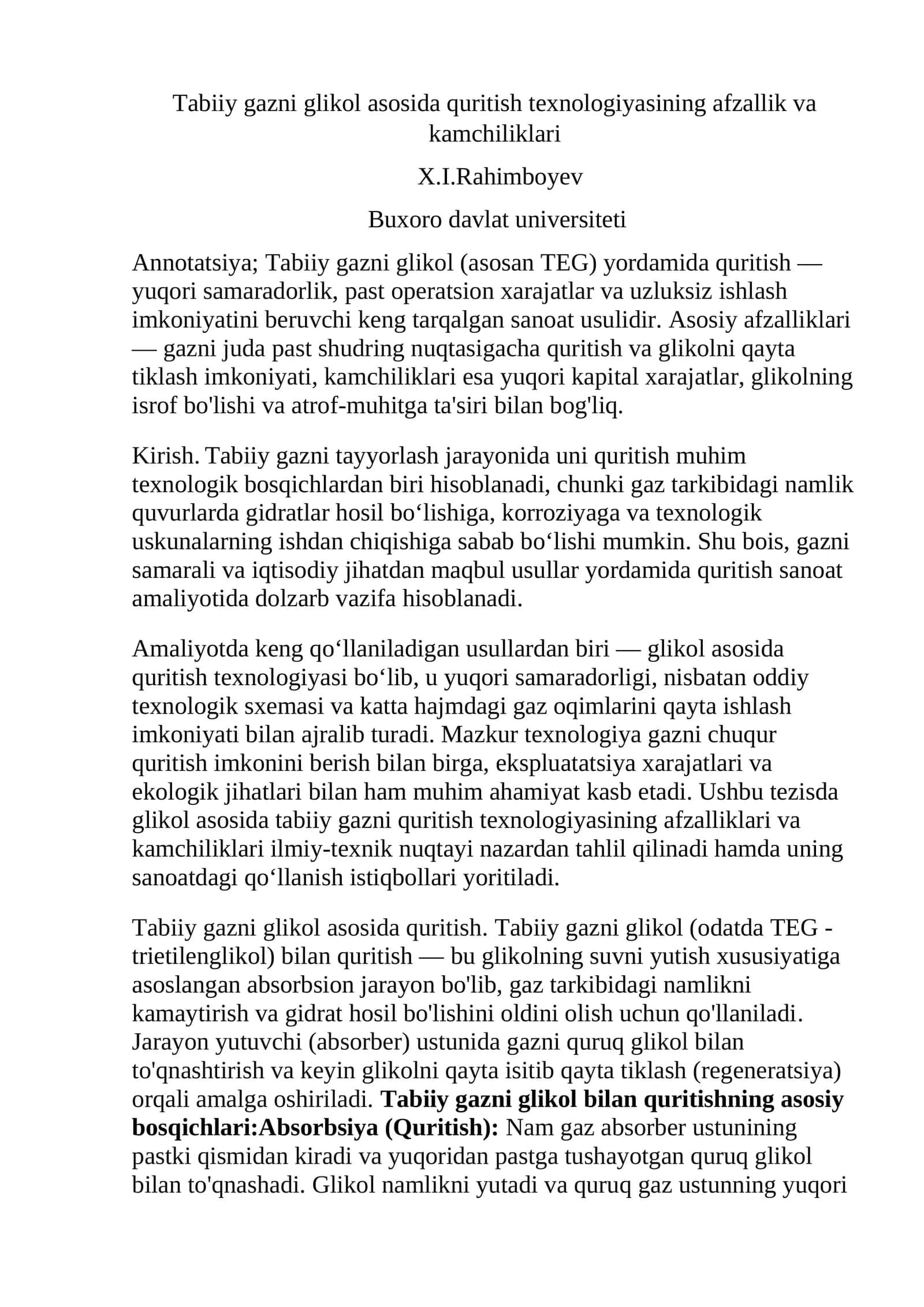 Tabiiy gazni glikol asosida quritish texnologiyasi