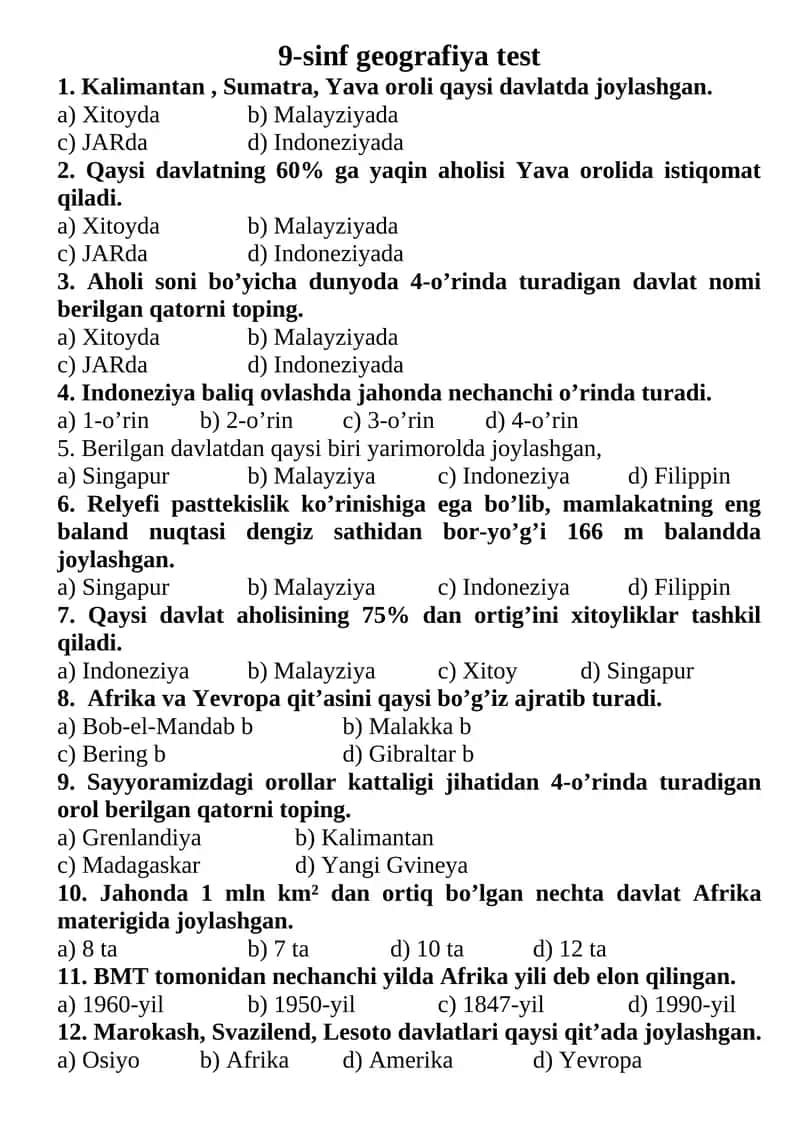 9-sinf geografiya test