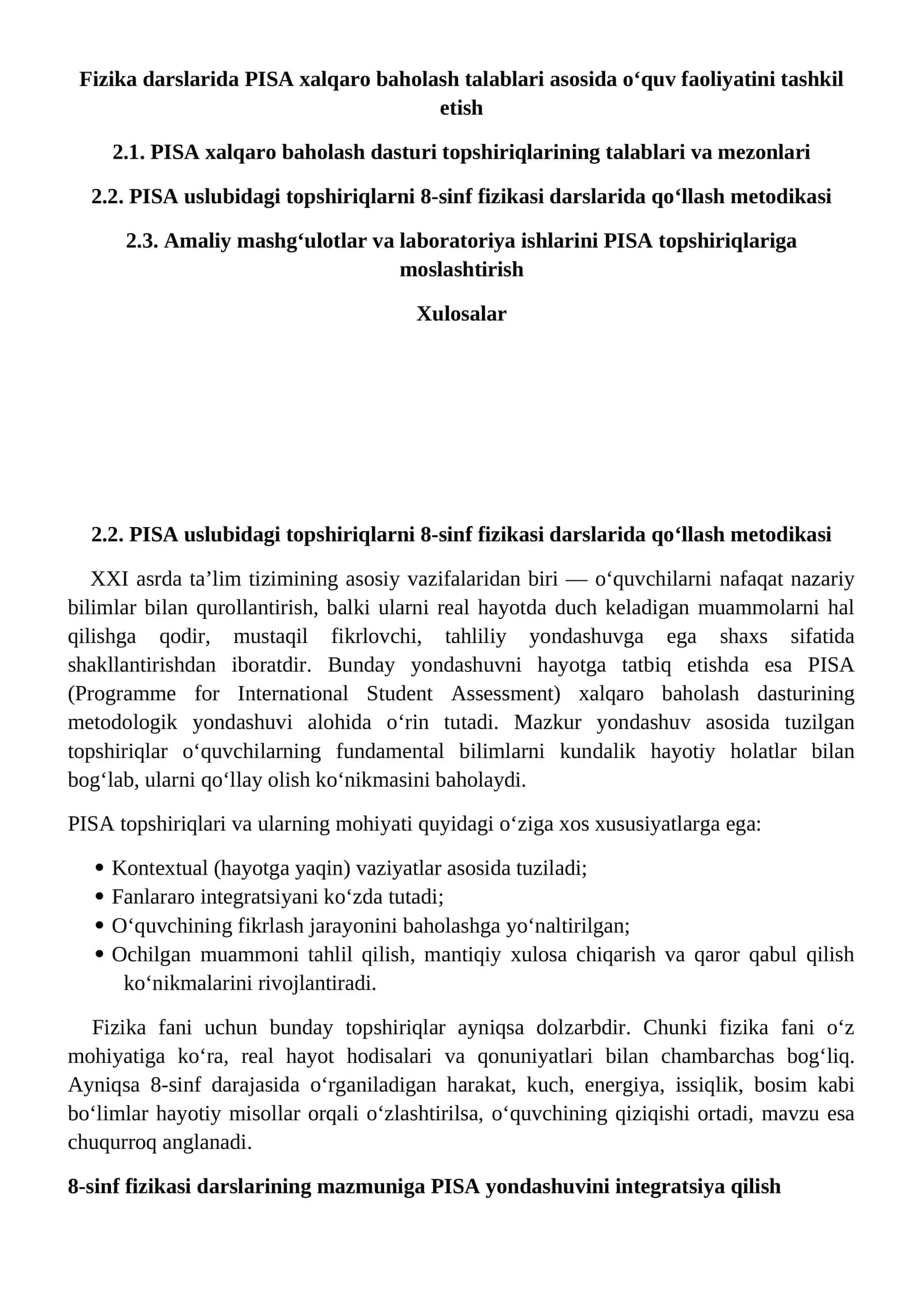 PISA xalqaro baholash talablari asosida Fizika darslarida o‘quv faoliyatini tashkil etish