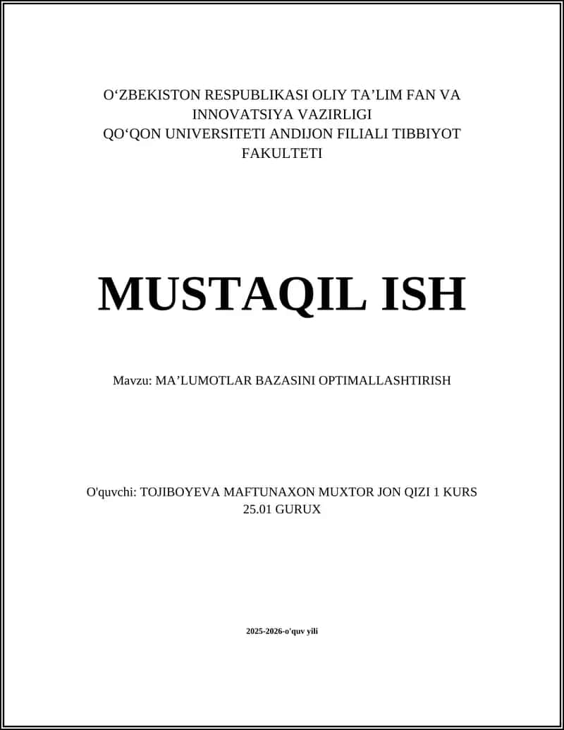MAʼLUMOTLAR BAZASINI OPTIMALLASHTIRISH