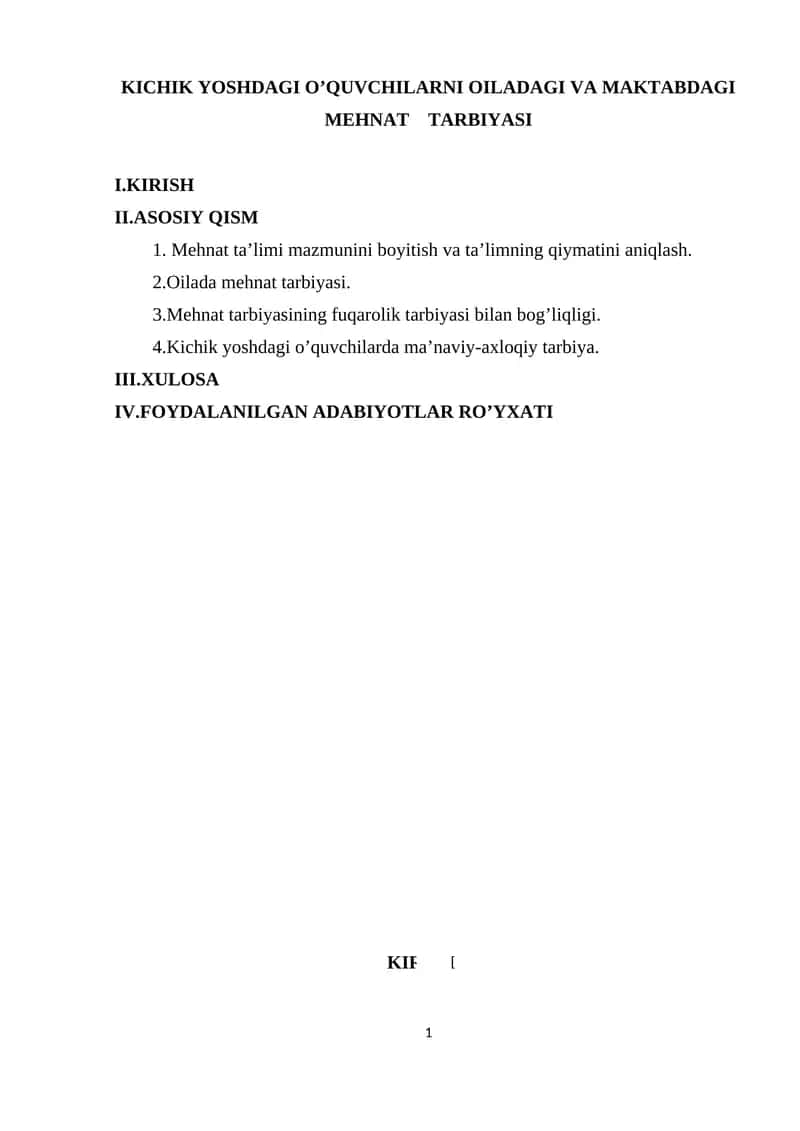 KICHIK YOSHDAGI O’QUVCHILARNI OILADAGI VA MAKTABDAGI MEHNAT TARBIYASI