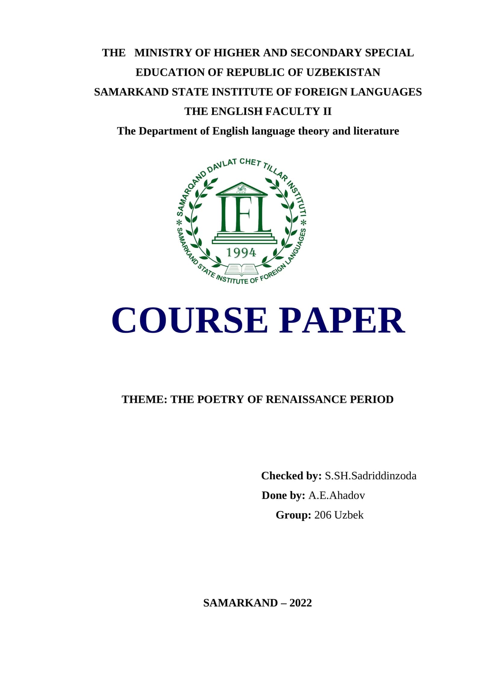 THE POETRY OF RENAISSANCE PERIOD
