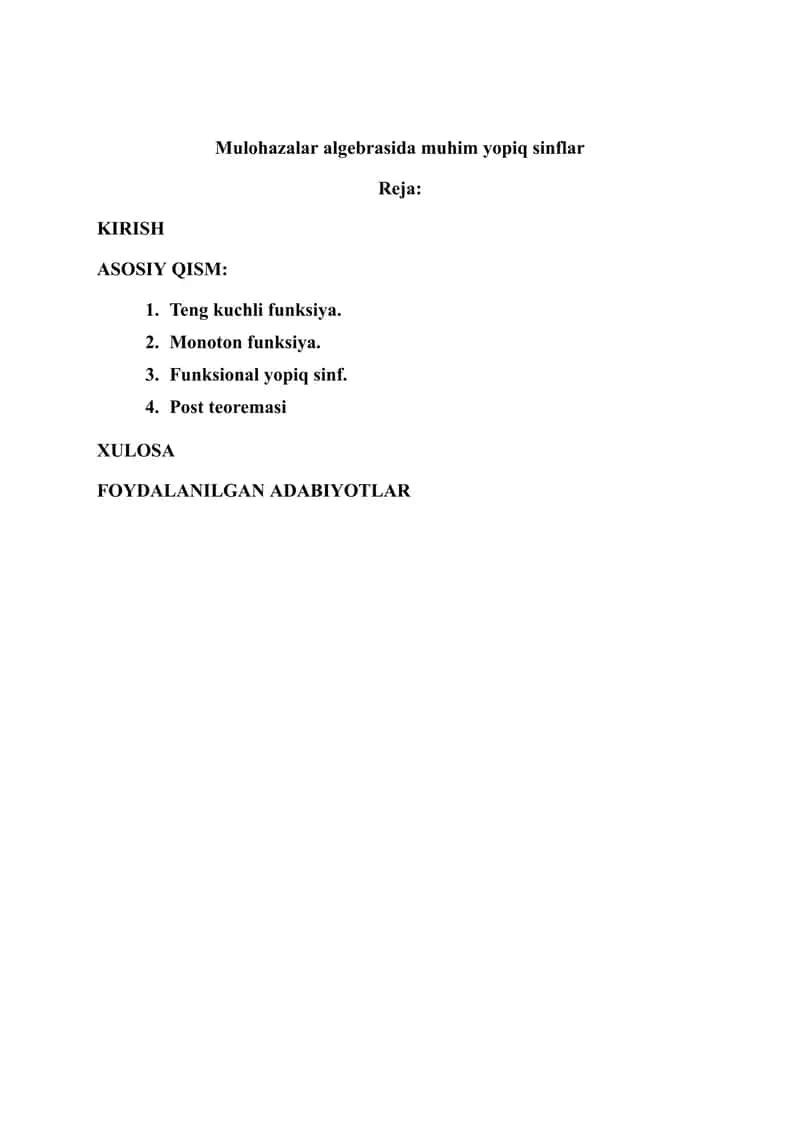 Mulohazalar algebrasida muhim yopiq sinflar