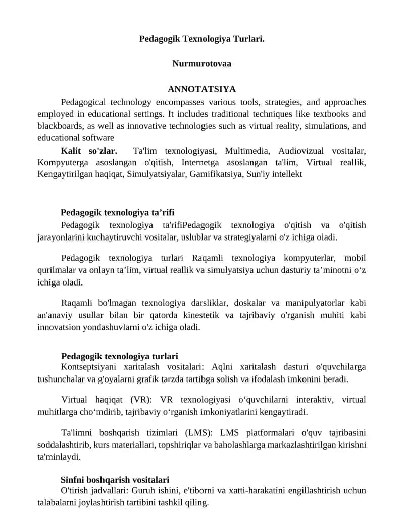 Pedagogik Texnologiya Turlari