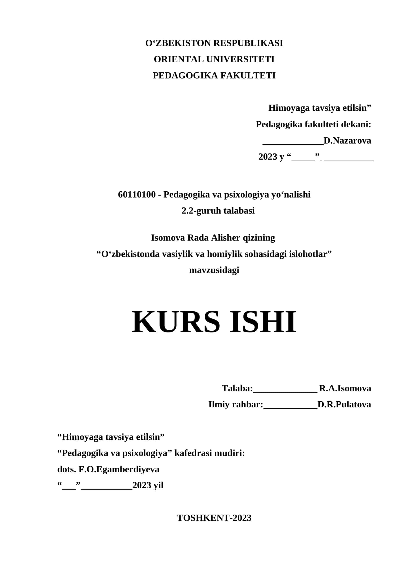O‘zbekistonda vasiylik va homiylik sohasidagi islohotlar