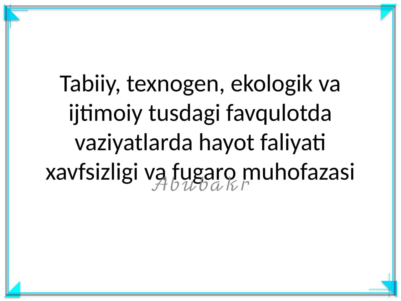 Tabiiy, texnogen, ekologik va ijtimoiy tusdagi favqulotda vaziyatlarda hayot faliyati xavfsizligi va fugaro muhofazasi