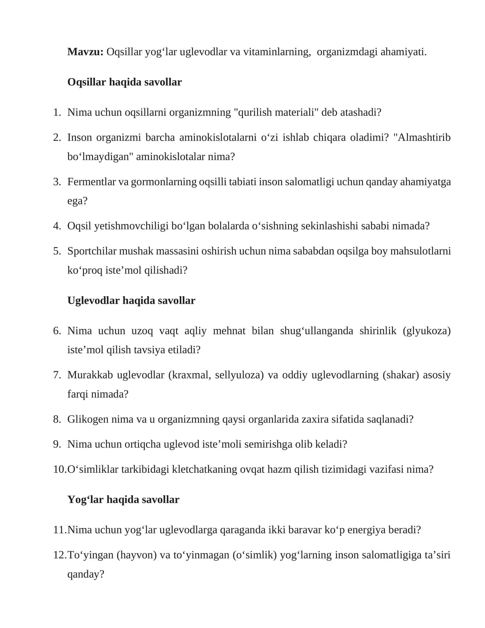 Oqsillar yog‘lar uglevodlar va vitaminlarning, organizmdagi ahamiyati