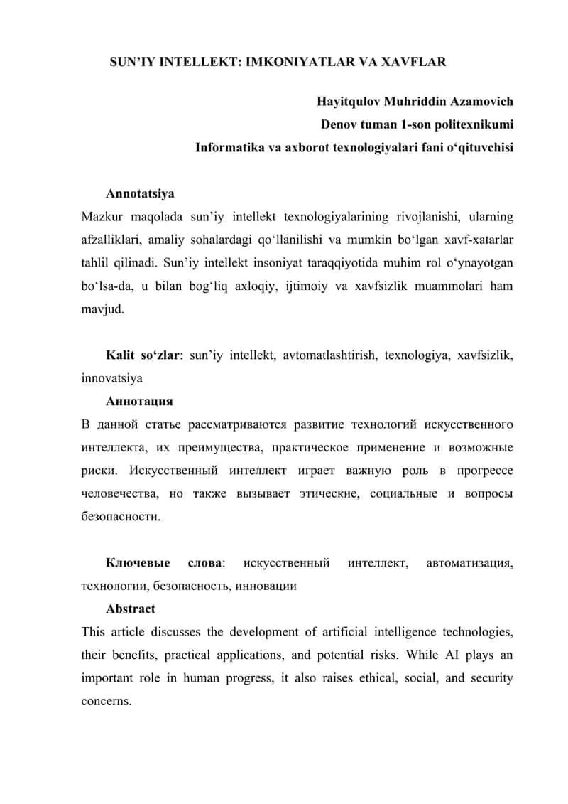 SUN’IY INTELLEKT: IMKONIYATLAR VA XAVFLAR